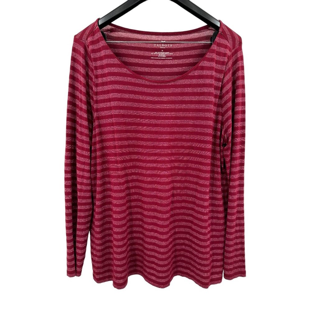 Talbots Women's Burgundy Red Metallic Striped Long Sleeve T-Shirt Top 1X